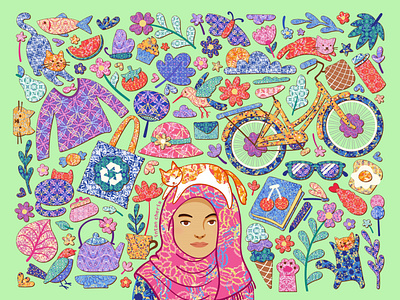 Cycling with My Cat abstract bicycle bike cat colorful decorative doodle fabric flower fractal graphic design illustration organic ornament pattern design seamless pattern shop summer surface design vector