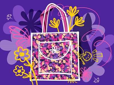 Day Off abstract branding cat colorful decorative doodle fabric flower fractal graphic design illustration organic ornament pattern design purple seamless pattern shop surface design tote bag vector