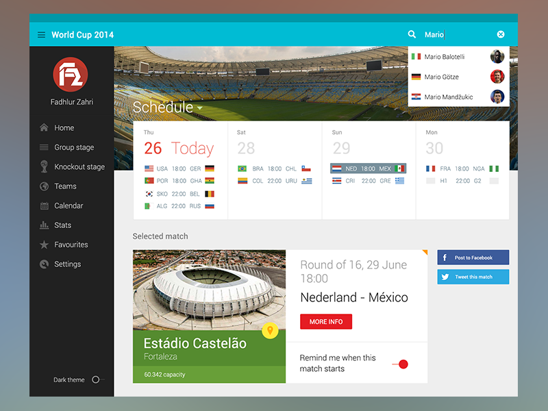 World Cup 2014 Dashboard world cup world cup 2014 fifa world cup 2014 fifa world cup football dashboard flat flat design material design flat dashboard football dashboard ui
