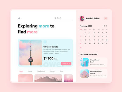 Dashboard - Travel App calendar card city dashboard dashboard ui exploration explore minimal mobile ui pastel pink place product tour travel travelling ui ux web web application