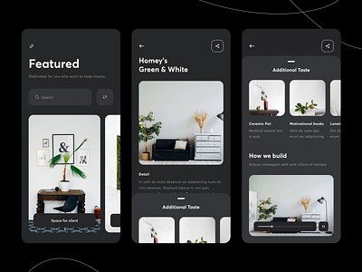 App - Interior [ Dark Mode] apps architecture black card clean dark mode dark theme dark ui interface interior layout mobile app ui ux vector white