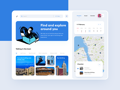 Dashboard - Explore and Travel app calendar card checklist city clean dashboard dashboard ui maps mobile ui photo picture place product design tour travel travel planner ui uiux website