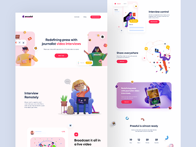 Landing Page - Pressful 3d character clean colorful element fun homepage illustration interview landing page minimalist modern pastel ui ux vibrant video conference web design webapp website