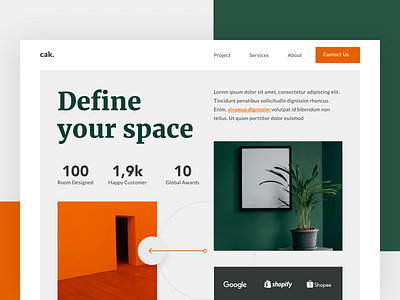 Hero - Room Decorator brand clean client decorate desktop hero hero section image interface interior landing page layout room space statistic typography ui ux website