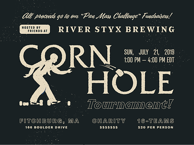 "Corn Hole Tournament!" ad black branding brewery charity cornhole design event game lawn massachusetts old retro tournament type typography vintage