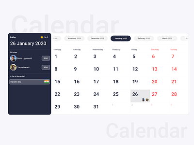 Calendar UI concept birthday black calendar dark dashboard date day month schedule task trending ui ux web week white year