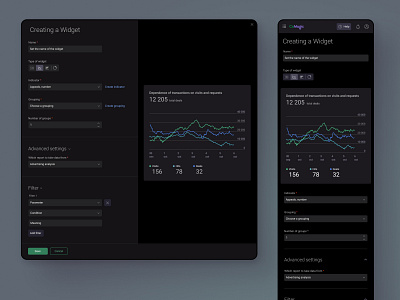 Widget editing. Dark theme. analysis app dashboard marketing analysis product ui ux