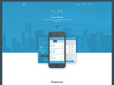 FLYR homepage application flat design flyr hubskip ios7 lander mobile responsive travel ui web website