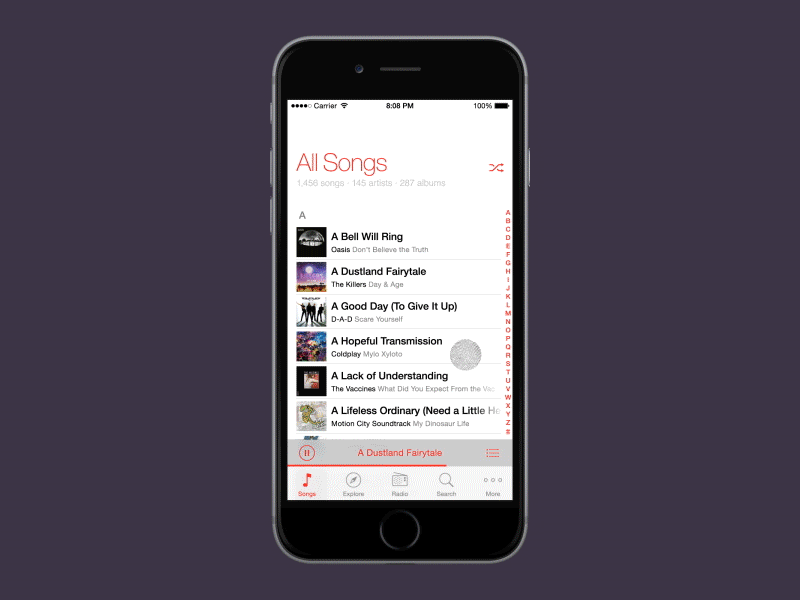 One-handed iOS UI concept hand interface ios iphone mobile mock up music app one one hand ui
