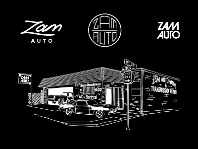 Zam Automotive illustration logomark monoline wordmark