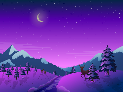 Magic winter night animal art blue book christmas deer design drawing illustration illustrator landscape moon mountain nature night space stars tree vector winter