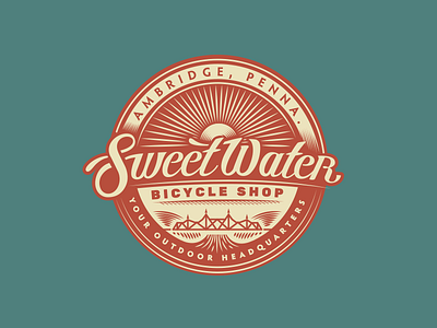 Sweetwater Outdoors badge bike shop bridge illustration logo outdoors sunburst type