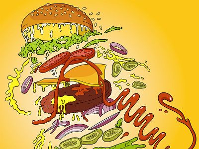 Flying Cheeseburger 🍔 beef branding bread burger cartoon cheeseburger comics fast food food food delivery food illustration graphic design icon illustration restaurant salad tasty tomato vector vector art