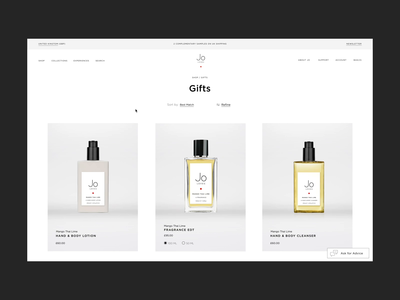 Jo Loves, Fragrance eCommerce | Browse & Add To Cart Flow add to cart animation beauty cart clean e comerce fragrance grid interaction interface minimalist motion progressbar scent shop ui ux video web website