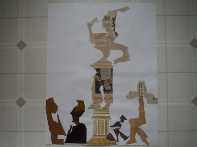 The Statue Surveys Everything abstract collage cut paper illustration