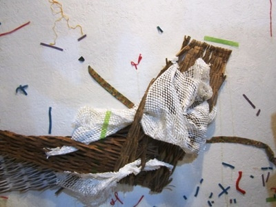 Giant's Foot + Digital Snake based on a dream cardboard found stuffed snake mixed media paper plastic rubber bands yarn