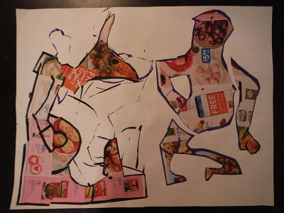 Untitled Boxing Match collage cut paper drawing illustration ink