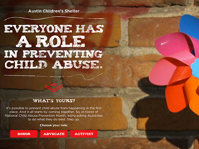 Child Abuse Prevention Parallax Website animation austin brick cause child donate grafitti non profit parallax pinwheel red social campaign texas video web design