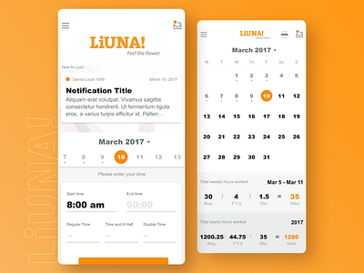 LiUNA! Union | Labor Time Tracking iOS App app clean design ios ios design labor labor union light mobile mobile app notification orange time time management time tracker tracking ui ui design union ux