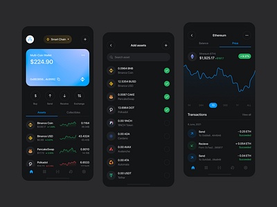 Crypto Wallet App app assets bitcoin card chart coin crypto cryptocurrency dark dex ethereum finance fintech graph metamask transactions ui ux wallet