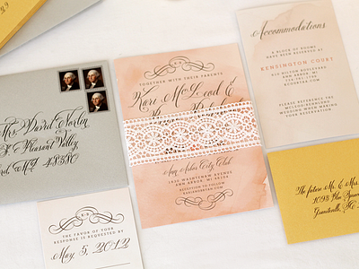 Peach, gold and silver wedding invitation