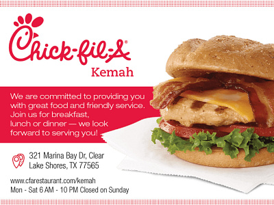 Chick-Fil-A advertisement for Kemah, TX
