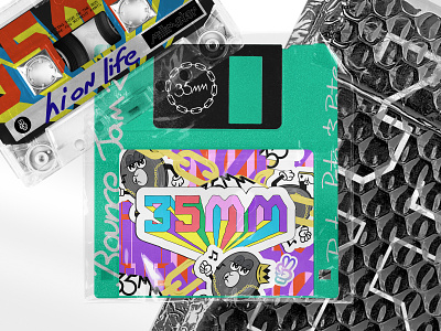 35mm 35mm album album art branding cartoon character custom type electronic dance music gold chains illustration lettering music branding rave record room