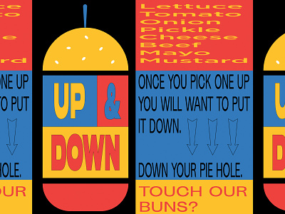 up n down 2 1990s branding buns huns burger cheese burger fast casual illustration irreverent no side bends or situps warped type