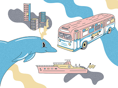 Thangs For Thangs beer boat buildings bus dolphin illustration monoline packaging wip