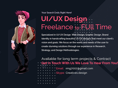 Freelance UI/UX Design adobe illustrator adobe indesign adobe photoshop cc adobe xd balsamiq client communication digital marketing materials invision project management prototyping sketch team lead user research uxpin wireframing
