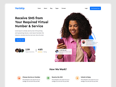 Veriskip Landing Page - Temporary SMS phone number adobexd design landing mobile modern number online page phone service sms temporary ui ux webdesign website