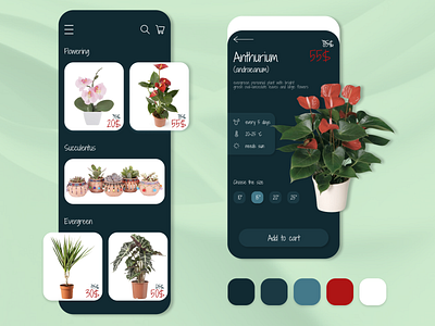 App for flower shop concept dark theme flowers mobile mobile app mobile app design product card product page shopping app