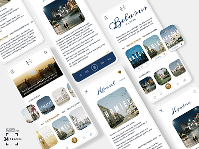 Concept of a mobile application specifically for 34TRAVEL belarus branding concept concept design design guides light theme mobile mobile app mobile app design podcast travel travel app