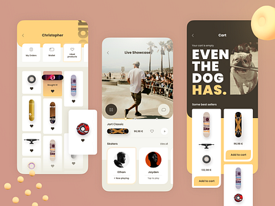 Shop App for Skaters 3d app beige brown design ecommerce figma icon livestream logo shop skate typography ui ux yellow