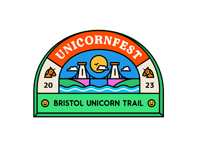 UNICORNFEST Logo: The Bristol Unicorn Trail brand design branding bridge bright colours bristol custom icons festival flat illustration graphic design icons logo retro sticker sunny unicorn vector illustration