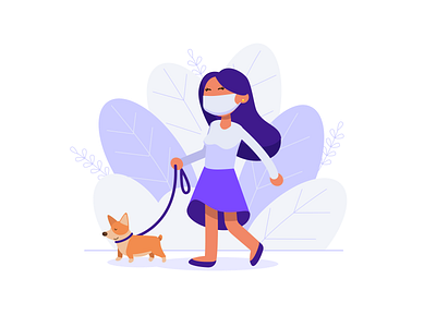 Girl walking the corgi in a protective face mask