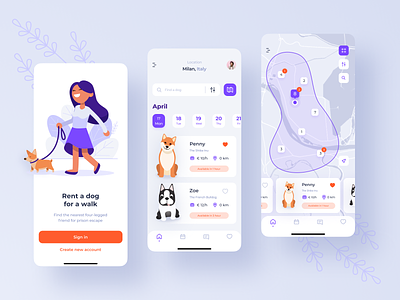 Rent a dog app / Concept app bulldog calendar dog figma filters icons pack illustration lilac map mobile rent shiba inu ui vector