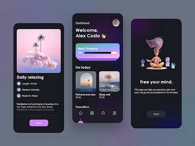 Meditation Mobile App Design 3d app branding clean dark design flat minimal mobile mobile design mobile ui modern trend ui ux