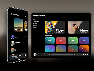 Music Player for Mobile and Web app dark dark mode design flat minimal music music player ui web