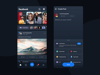 Facebook Redesign (Dark mode) concept design facebook mobile mobile app modern redesign social apps social network ui