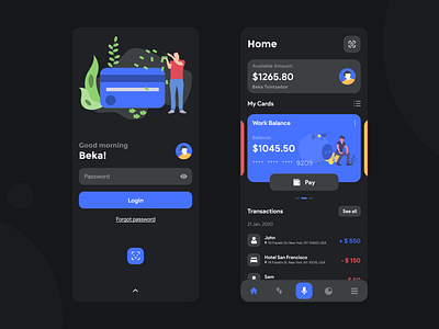 Finance app Design (Dark Mode) artificial intelligence bank card banking bankingapp concept finance app illustration materialdesign mobile modern money pay payment app payments