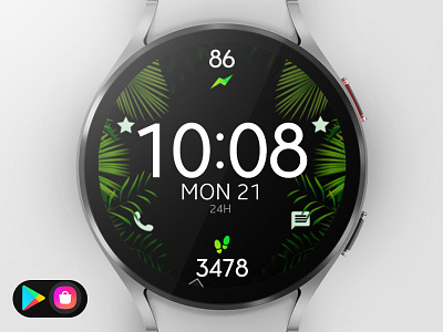 Tropical Leaves Watch Face black design digital electronics galaxy watch graphic design illustration leaves minimal samsung smart smartwatch tech technology tropical ui watch watchface wear os wearable