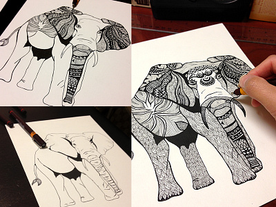 Tribal Elephant Illustration Process abstract black and white drawing elephant ethnic illustration line art rapidograph technique tribal