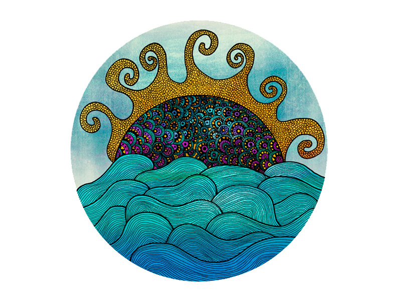 Oceania Illustration ocean sea waves sun circles line art rapidograph elements organic sun rays sky sea life turquoise linear illustration nature illustration detailed illustration
