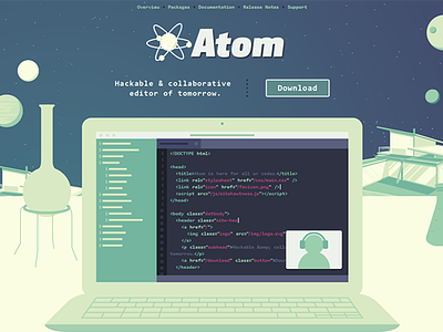 early Atom.io landing page concept atom.io github landing page retro web design