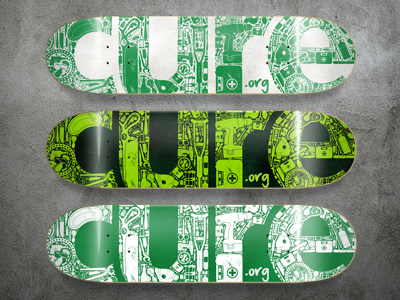 CURE skate decks 1 black concrete cure.org green illustration lime skateboard