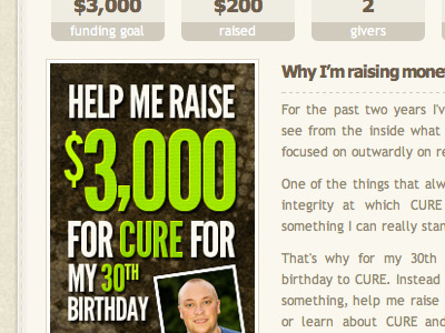 CURE personal fundraiser birthday charity css3 cure.org design html nonprofit personal fundrasier user interface