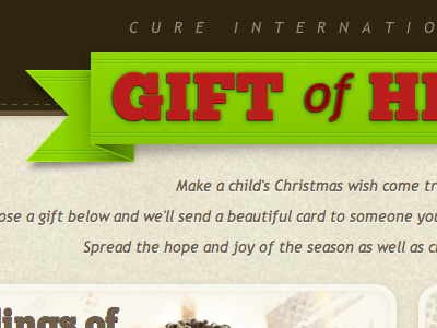 Go H2010 2 brown christmas css3 cure international cure.org gift of healing landing page lime red tan text shadow webkit text stroke