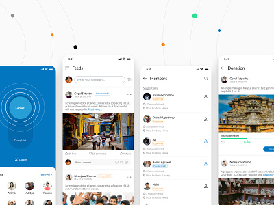 NGO Complaint Feed App UI Design blue blueui complaint connect design donations feeds funds minimal mobile app mobile app design ngo non government organization raise funds social media social media feeds typography ui vector