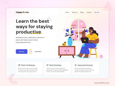 Happy Home (WFH) - Landing Page Design about us app cards clean daily ui dashboard font freebie hero section illustration inspiration landing page minimalistic tips ui design web design website design wfh work from home working from home
